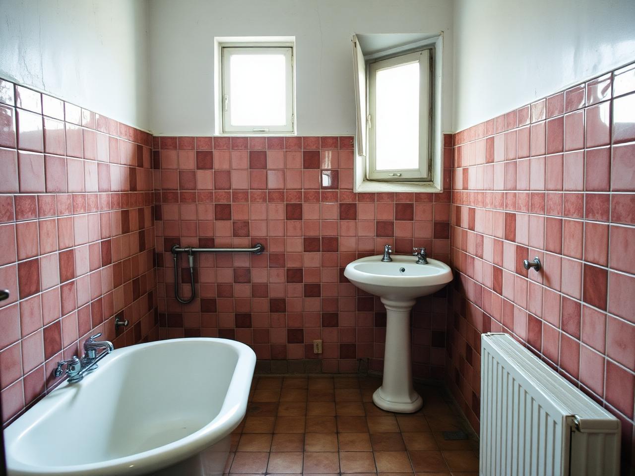 Baño antiguo con azulejo rosa y bañera