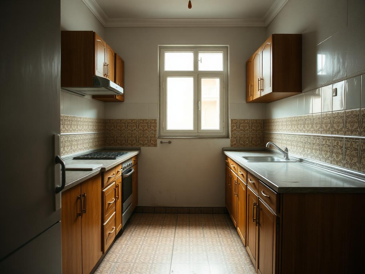 Cocina antigua con muebles de madera y azulejo estampado