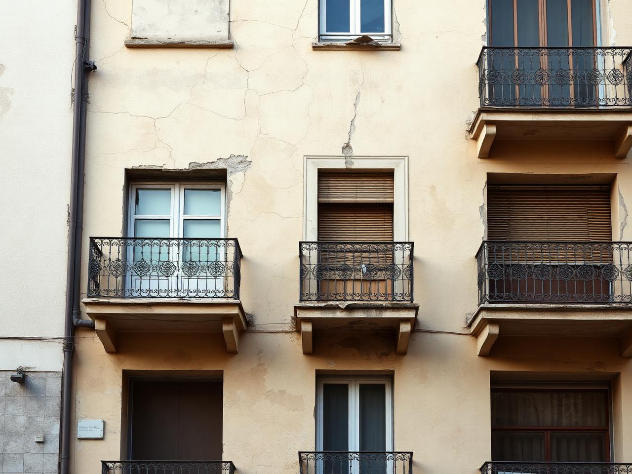Fachada con grietas y pintura desconchada