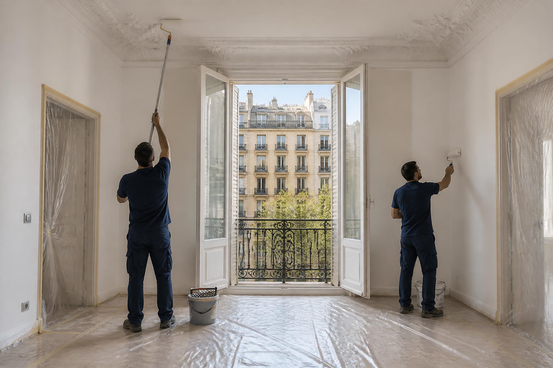 Pintores trabajando con el suelo protegido en una vivienda