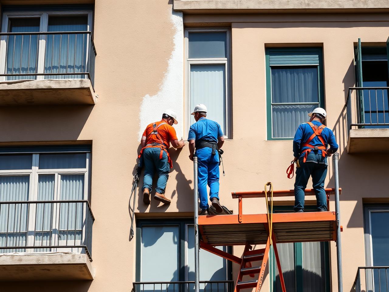 Pintores renovando la fachada de un edificio de Barcelona