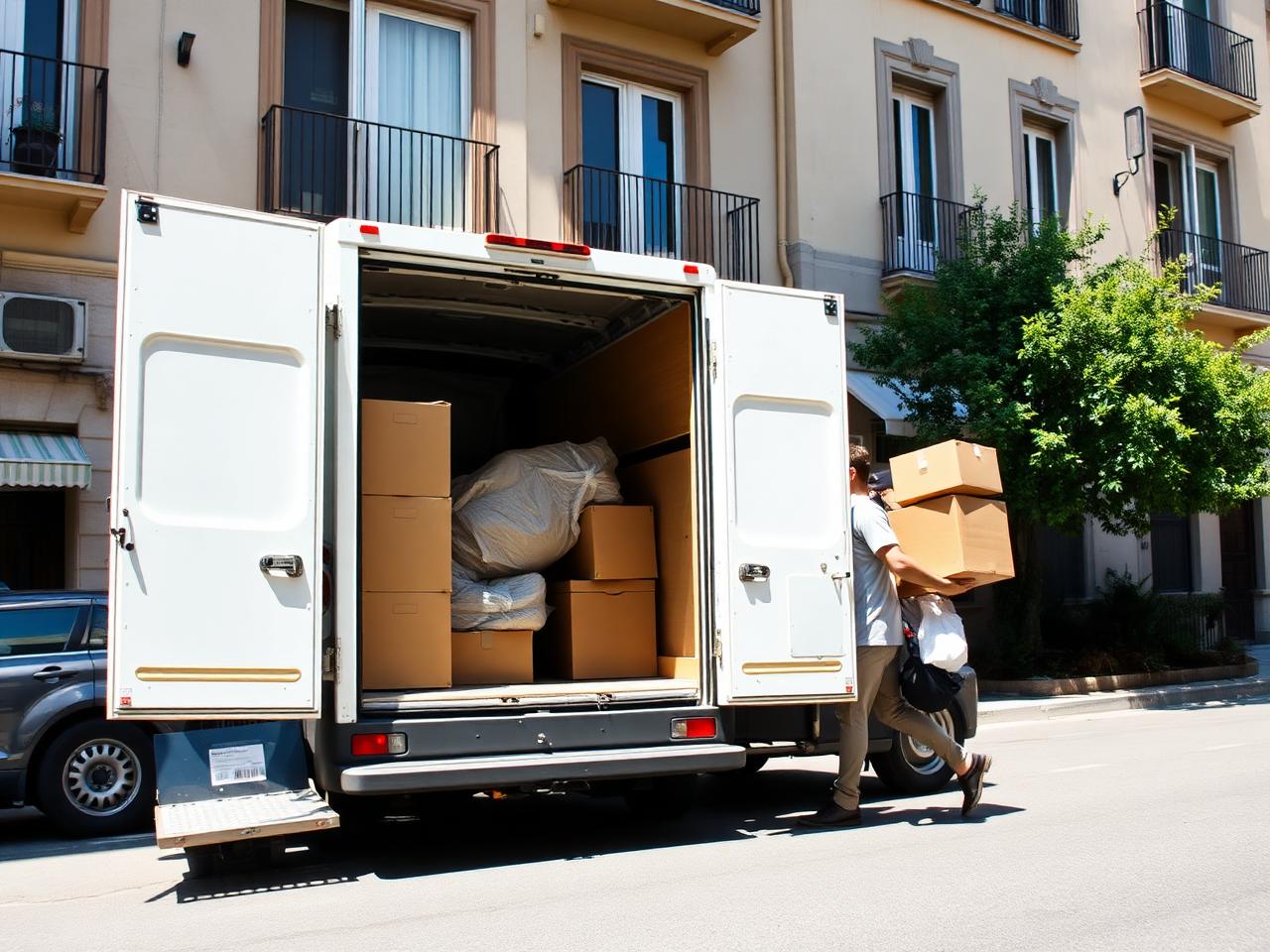 Furgoneta de mudanzas cargando muebles en una calle de Barcelona
