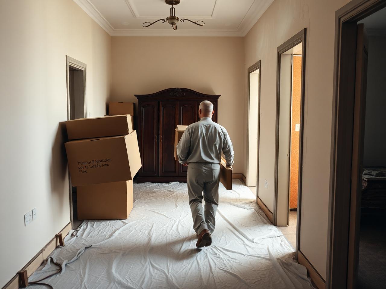 Operarios retirando muebles y cajas durante el vaciado de una vivienda